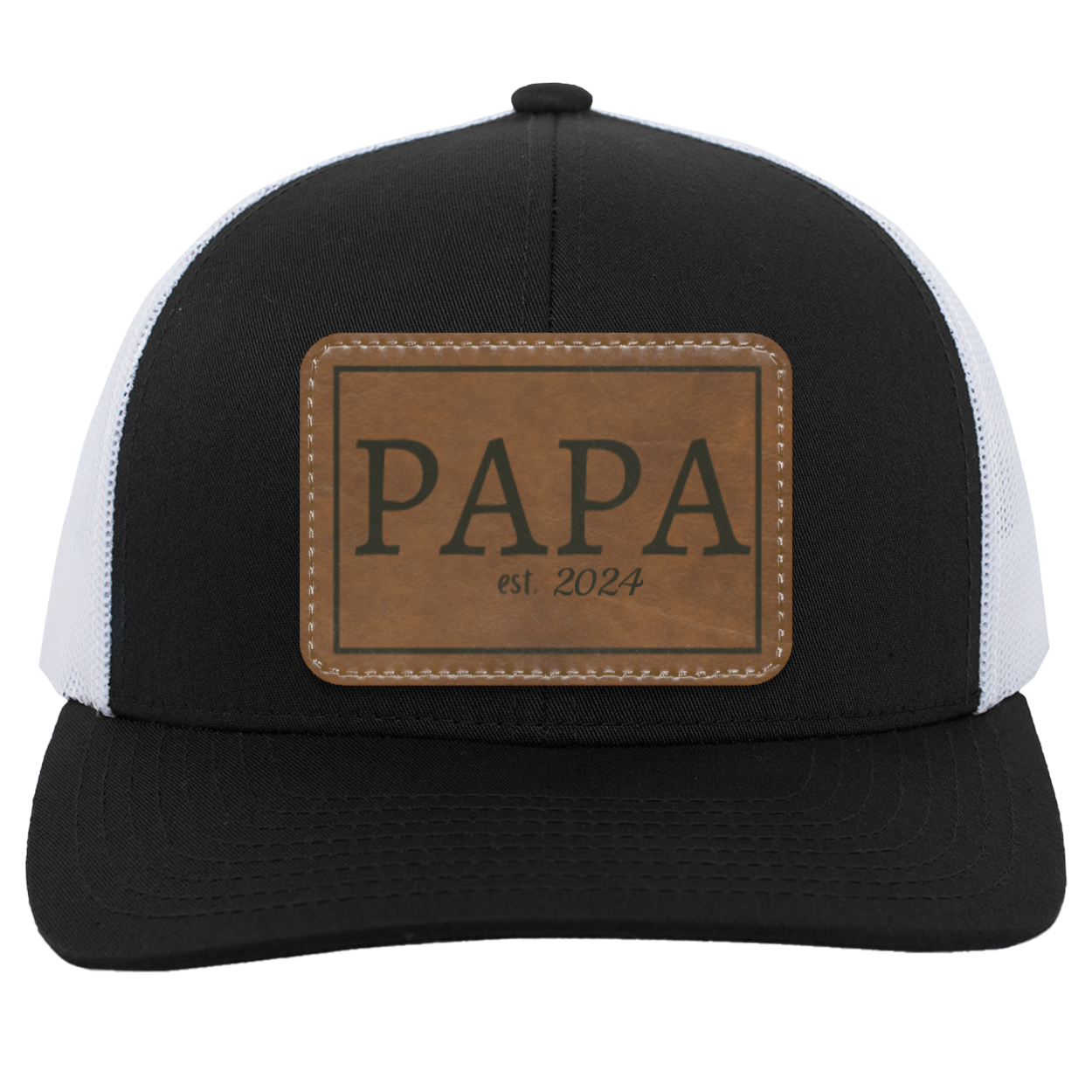 Personalized Papa EST Leather Trucker Patch Hat