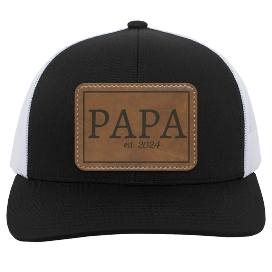 Personalized Papa EST Leather Trucker Patch Hat