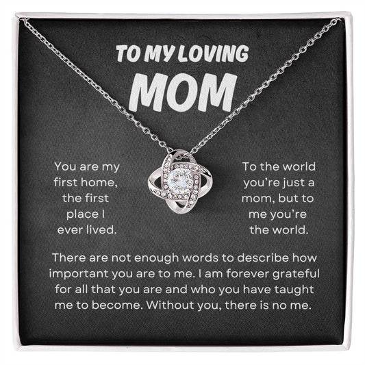 To My Loving Mom | Love Knot Necklace Gift | White or Yellow Gold Finish | The Perfect Present to Say "You Mean the World to Me"
