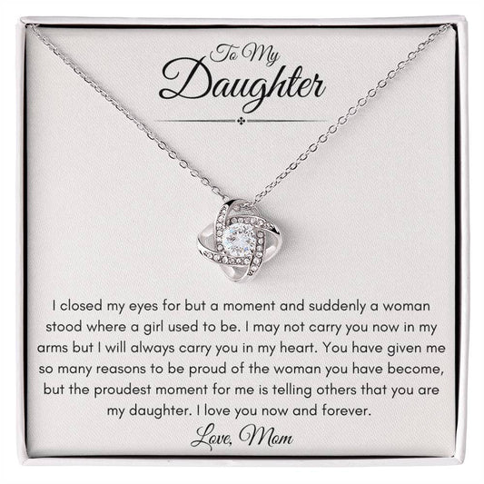 To My Bonus Daughter Love Mom | Love Knot Necklace Gift | Yellow or White Gold Finish | The Perfect Present to Say "I'm Proud To Call You My Daughter"