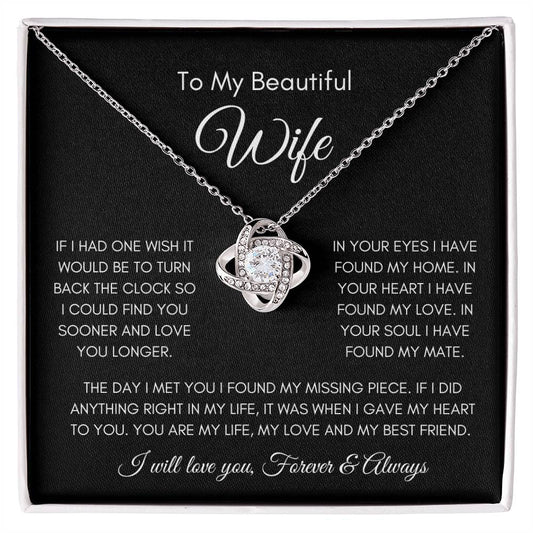 To My Beautiful Wife | Love Knot Necklace Gift | Yellow or White Gold Finish | The Perfect Present to Say "You Are My Missing Piece"