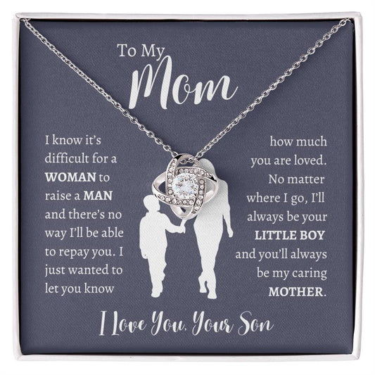 To My Mom From Son | Love Knot Necklace Gift | White or Yellow Gold Finish | The Perfect Present to Say "Thank You Mom I Love You"