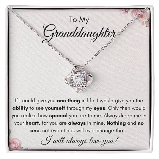 To My Granddaughter | Love Knot Necklace Gift | Yellow or White Gold Finish | The Perfect Present to say "Keep Me In Your Heart"