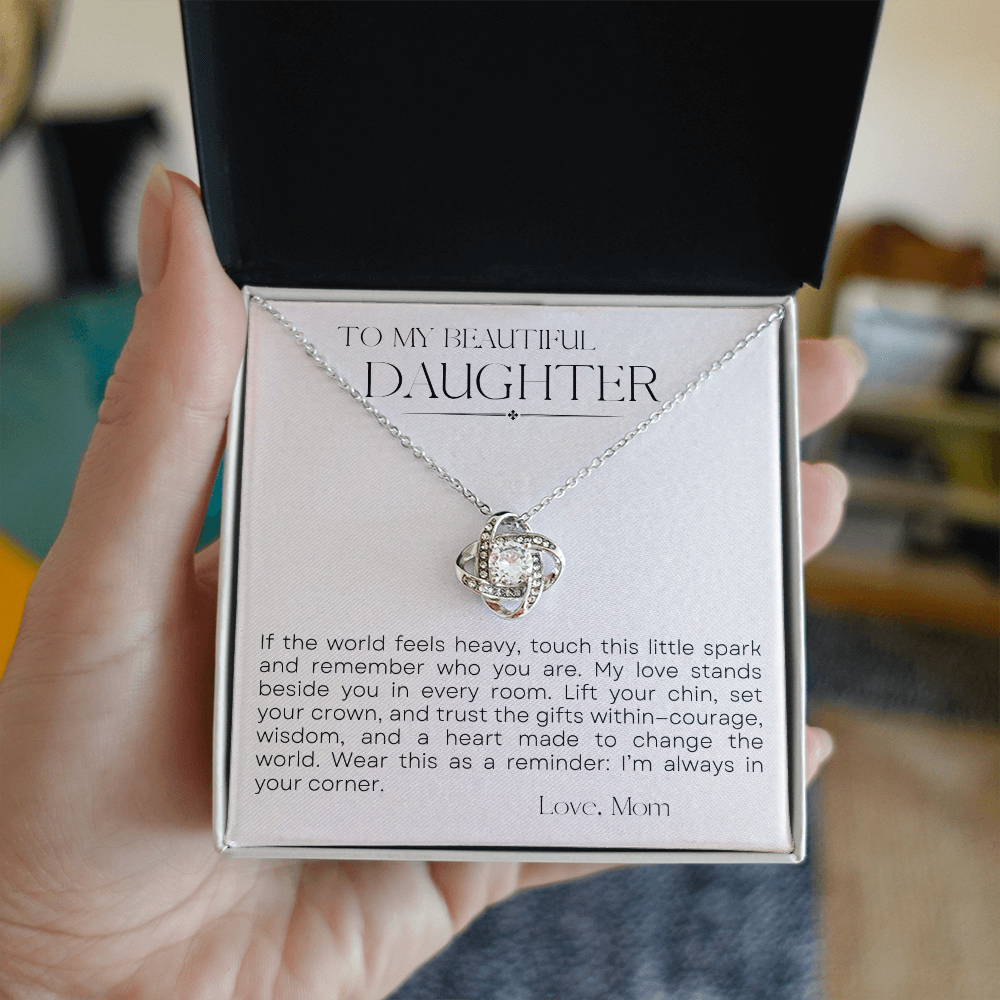 To My Daughter Love Knot Necklace — “Little Spark” Message Card | Gift from Mom