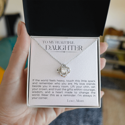To My Daughter Love Knot Necklace — “Little Spark” Message Card | Gift from Mom
