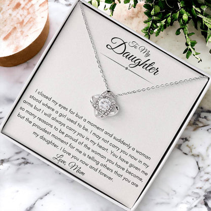 To My Bonus Daughter Love Mom | Love Knot Necklace Gift | The Perfect Present to Say "I'm Proud To Call You My Daughter"