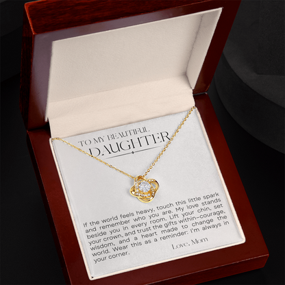 To My Daughter Love Knot Necklace — “Little Spark” Message Card | Gift from Mom