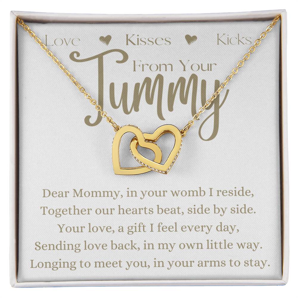 Dear Mommy From Your Tummy | Interlocking Hearts Necklace Gift | Rose or Yellow Gold Finish | The Perfect Present to Say "Can't Wait to Meet You Mommy"
