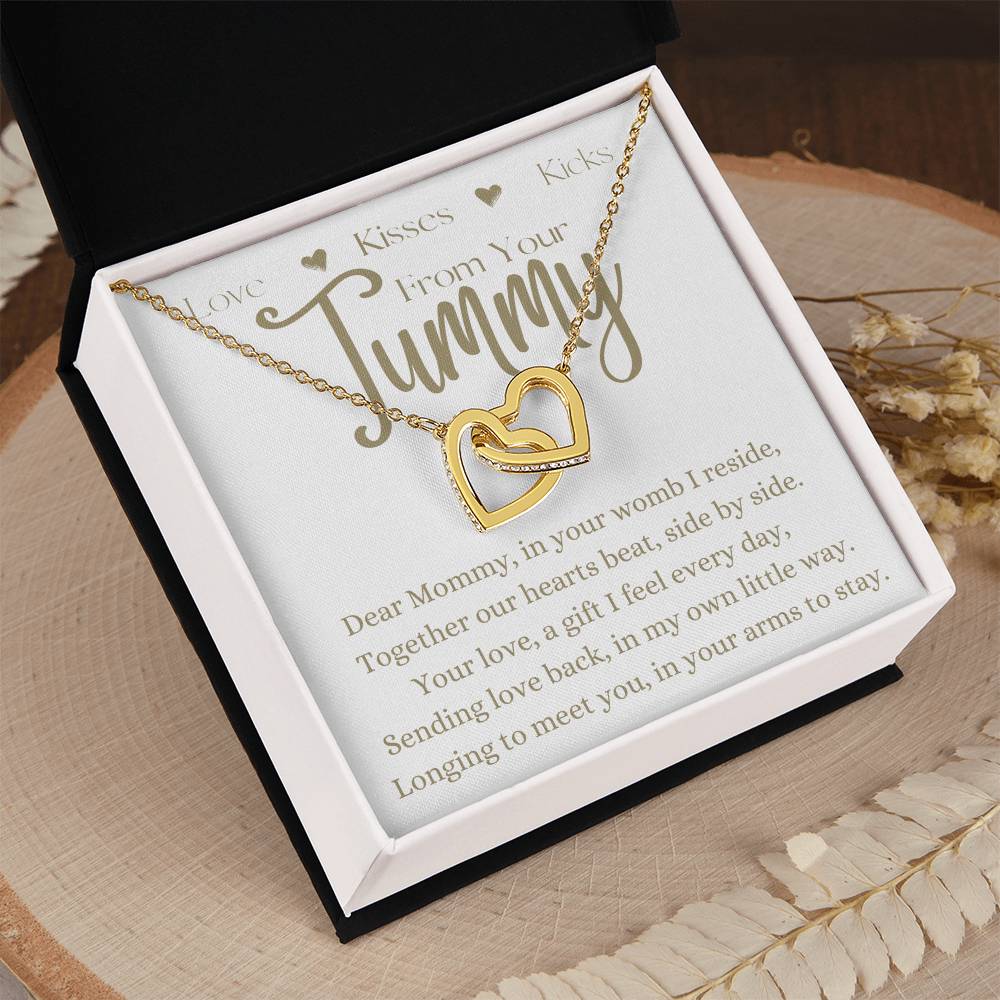 Dear Mommy From Your Tummy | Interlocking Hearts Necklace Gift | Rose or Yellow Gold Finish | The Perfect Present to Say "Can't Wait to Meet You Mommy"