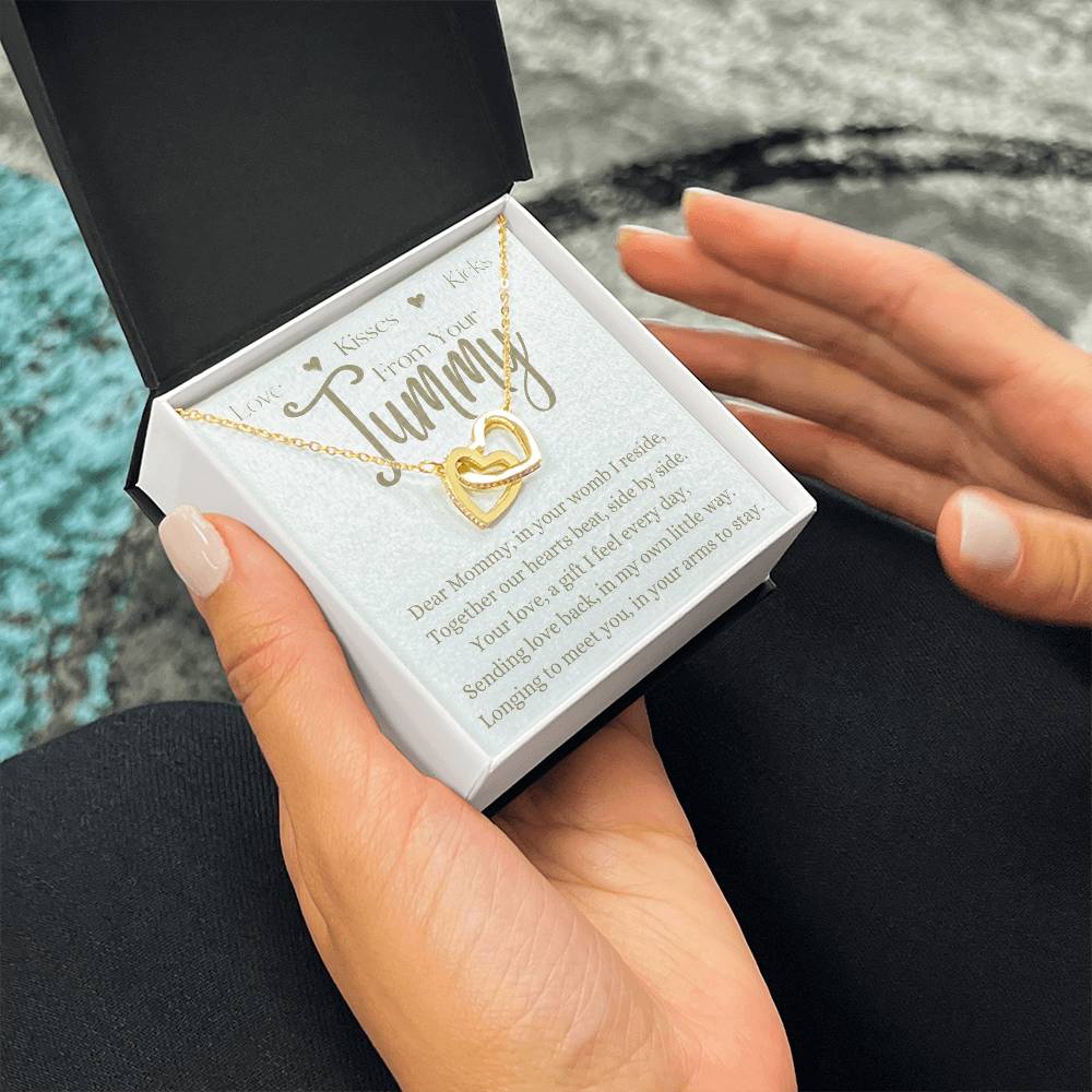 Dear Mommy From Your Tummy | Interlocking Hearts Necklace Gift | Rose or Yellow Gold Finish | The Perfect Present to Say "Can't Wait to Meet You Mommy"