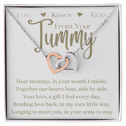 Dear Mommy From Your Tummy | Interlocking Hearts Necklace Gift | Rose or Yellow Gold Finish | The Perfect Present to Say "Can't Wait to Meet You Mommy"
