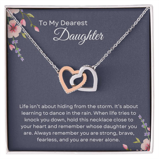 To My Daughter | Interlocking Hearts Necklace Gift | Rose or Yellow Gold Finish | The Perfect Present With Special Message: "Dance in the Rain"