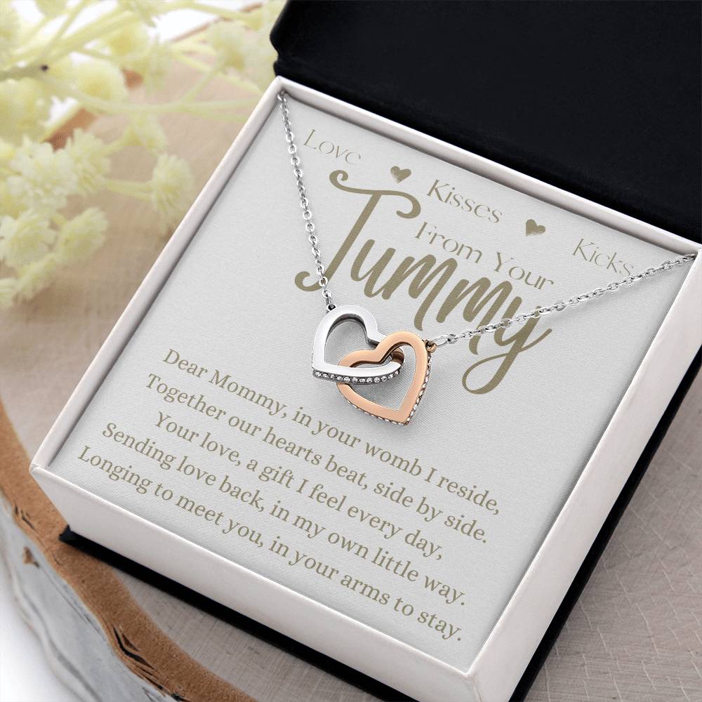 Dear Mommy From Your Tummy | Interlocking Hearts Necklace Gift | Rose or Yellow Gold Finish | The Perfect Present to Say "Can't Wait to Meet You Mommy"