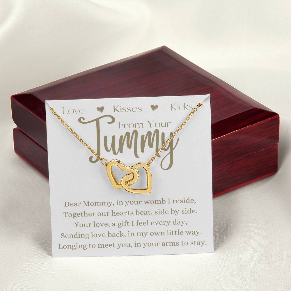 Dear Mommy From Your Tummy | Interlocking Hearts Necklace Gift | Rose or Yellow Gold Finish | The Perfect Present to Say "Can't Wait to Meet You Mommy"