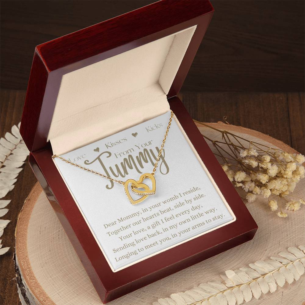 Dear Mommy From Your Tummy | Interlocking Hearts Necklace Gift | Rose or Yellow Gold Finish | The Perfect Present to Say "Can't Wait to Meet You Mommy"