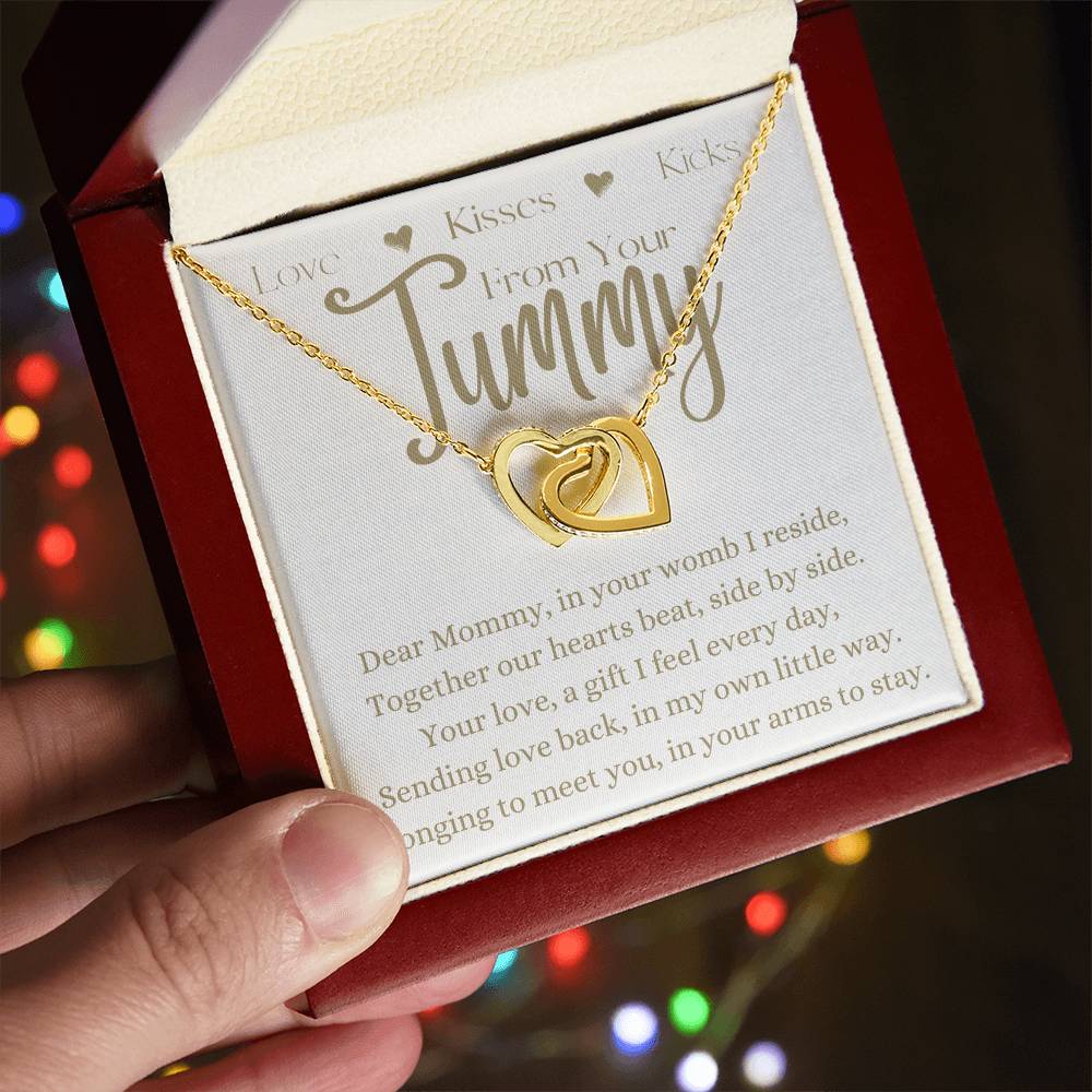 Dear Mommy From Your Tummy | Interlocking Hearts Necklace Gift | Rose or Yellow Gold Finish | The Perfect Present to Say "Can't Wait to Meet You Mommy"