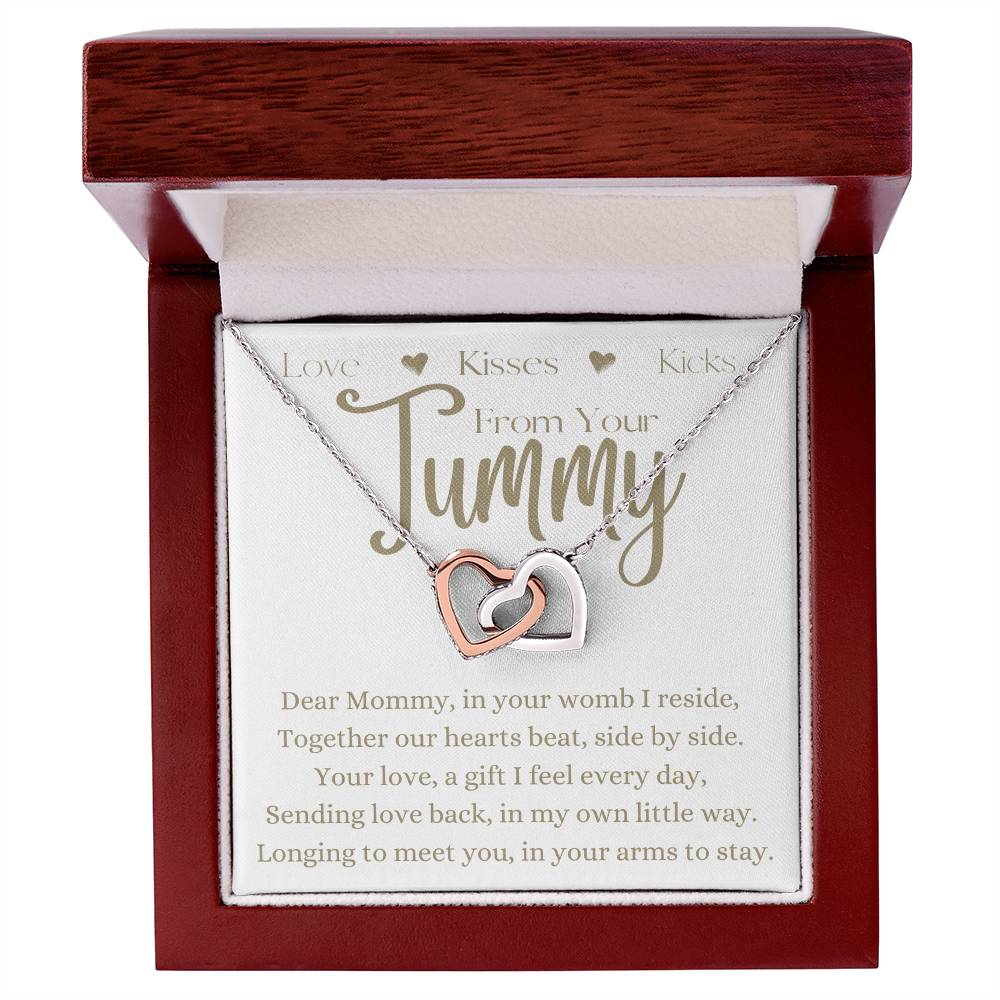 Dear Mommy From Your Tummy | Interlocking Hearts Necklace Gift | Rose or Yellow Gold Finish | The Perfect Present to Say "Can't Wait to Meet You Mommy"