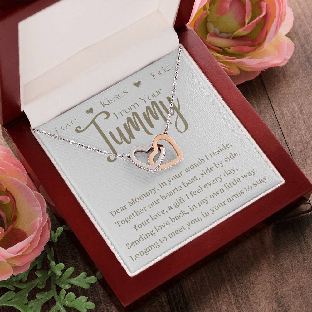 Dear Mommy From Your Tummy | Interlocking Hearts Necklace Gift | Rose or Yellow Gold Finish | The Perfect Present to Say "Can't Wait to Meet You Mommy"