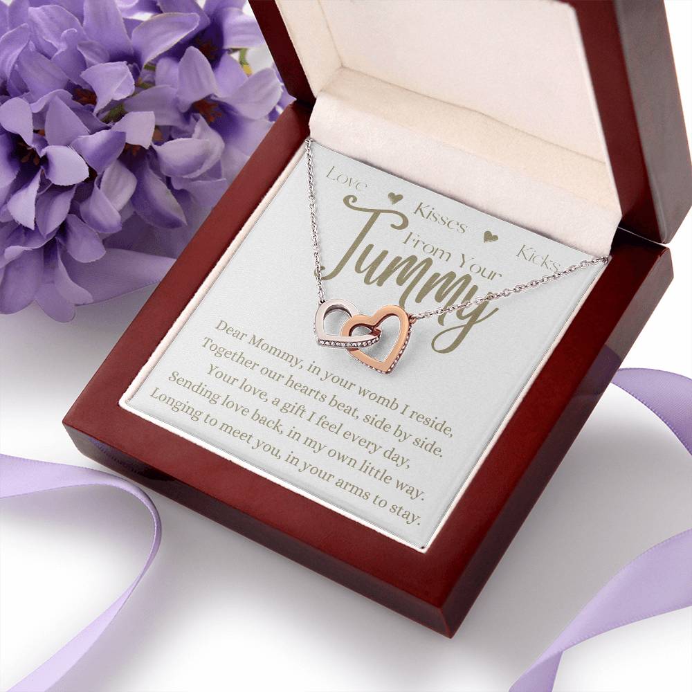Dear Mommy From Your Tummy | Interlocking Hearts Necklace Gift | Rose or Yellow Gold Finish | The Perfect Present to Say "Can't Wait to Meet You Mommy"