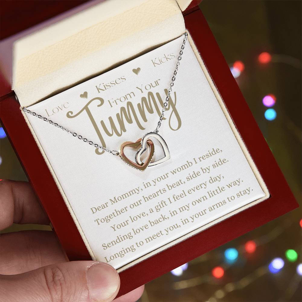 Dear Mommy From Your Tummy | Interlocking Hearts Necklace Gift | Rose or Yellow Gold Finish | The Perfect Present to Say "Can't Wait to Meet You Mommy"