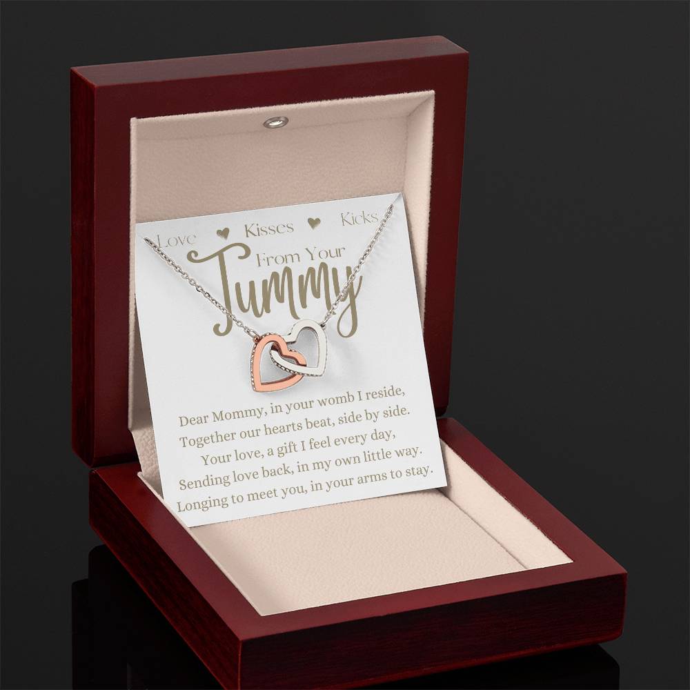 Dear Mommy From Your Tummy | Interlocking Hearts Necklace Gift | Rose or Yellow Gold Finish | The Perfect Present to Say "Can't Wait to Meet You Mommy"