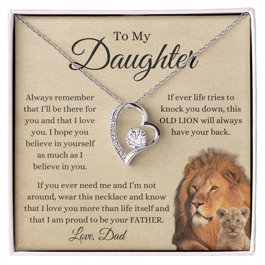 To My Daughter From Dad | Forever Love Necklace Gift | Yellow or White Gold Finish | A Perfect Present to Say "This Old Lion Will Always Have Your Back"